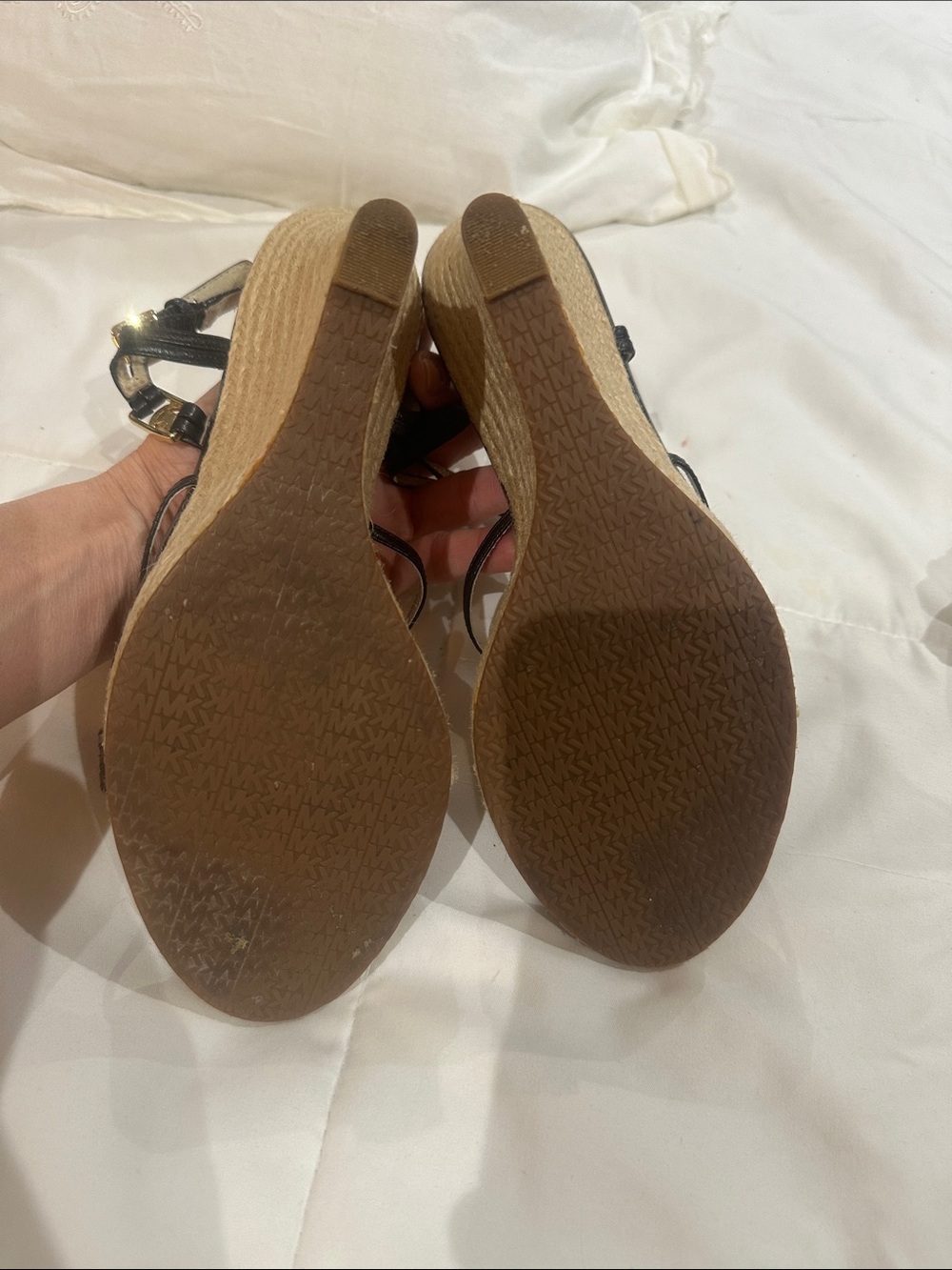 Michael Kors Black Leather Espadrille Wedge Sandals with Gold Logo - Picture 3 of 4